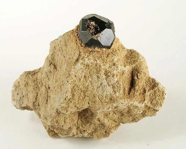Almandine garnet crystal perched on golden weathered matrix from Garnet Hill, Ely, Nevada